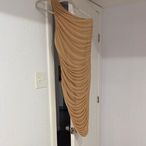 One-Shoulder Tan Ruched Dress